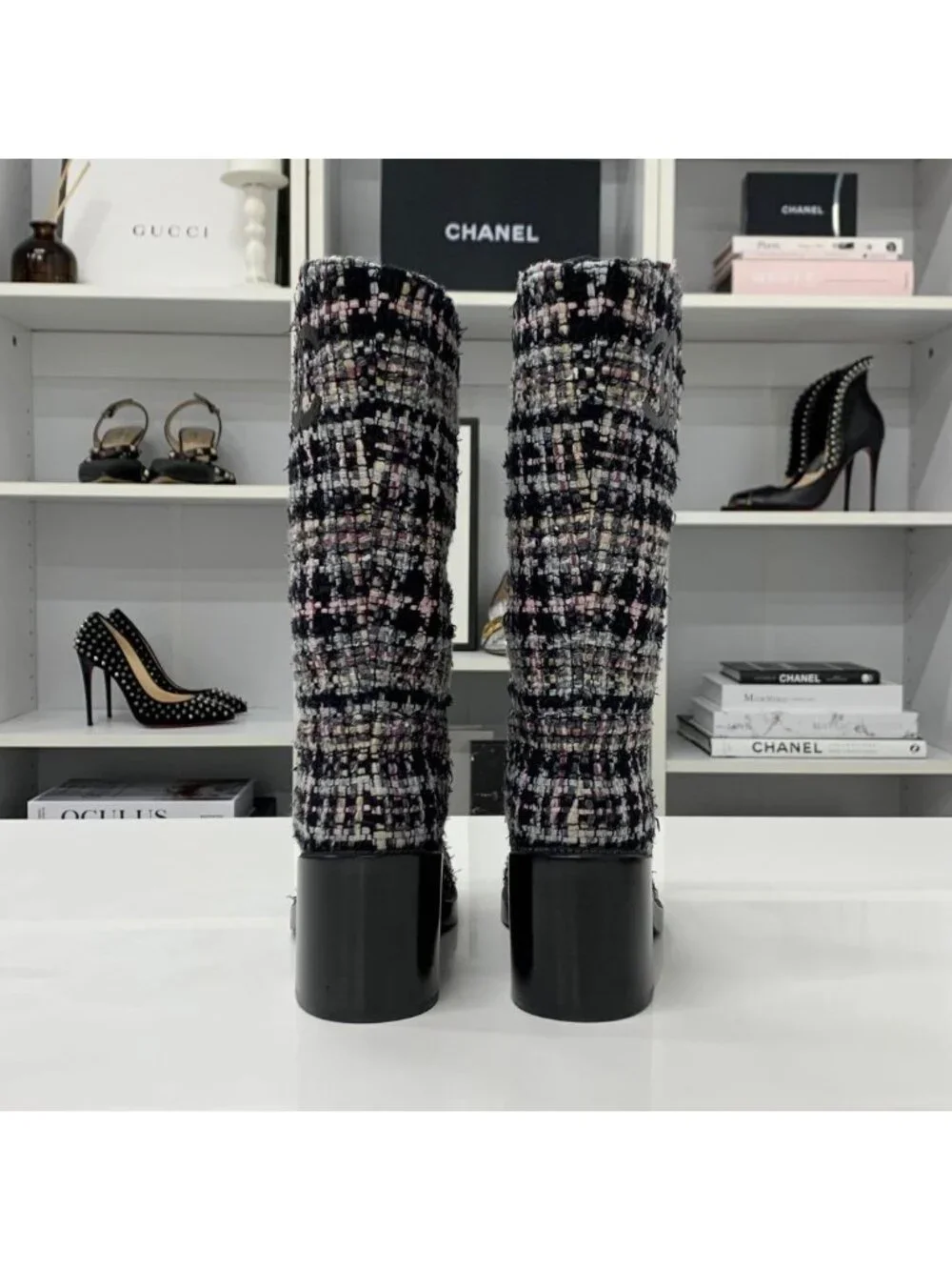Chanel CC Logo Tweed Long Boots Black Multicolor